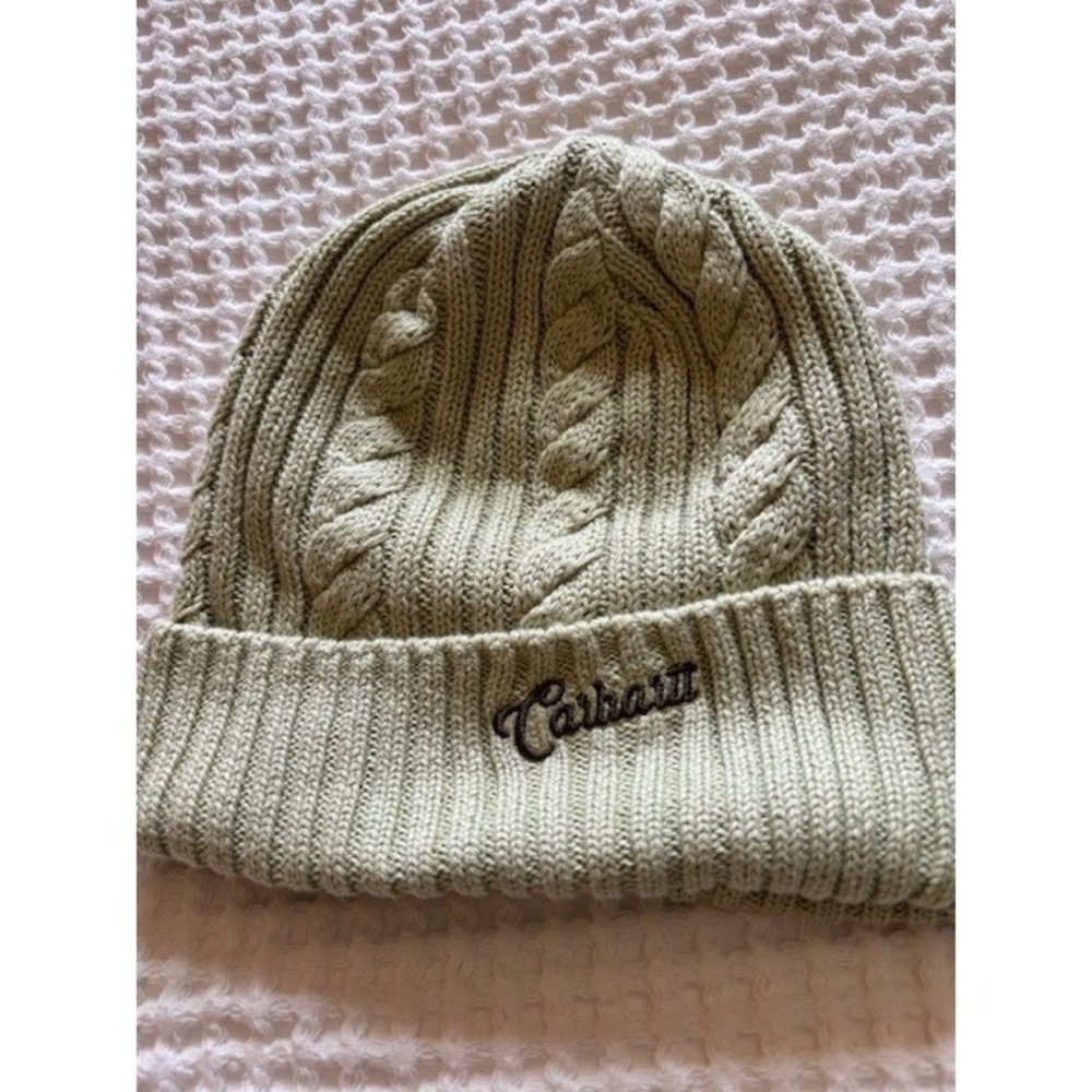 Carhartt Cable Knit Beanie Sage Green Script Logo Cuffed Winter Hat 104397 G74